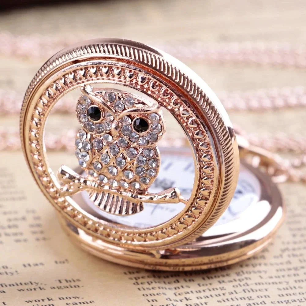 Owl Crystal NEW Pocket Watch Copper Tone Jewel Encrusted Gift Owls Bird - Picture 2 of 4